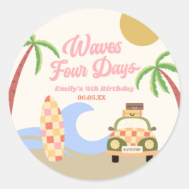Wave Four Days Surf Board Rosa 4. Geburtstag Party Runder Aufkleber