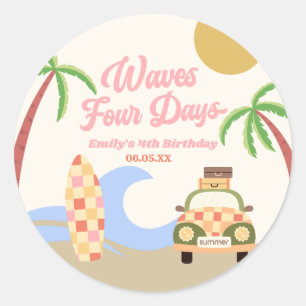 Wave Four Days Surf Board Rosa 4. Geburtstag Party Runder Aufkleber