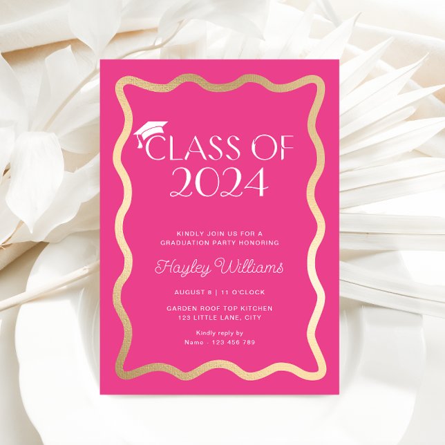 Wave Hot Pink Graduation Party Einladung (Graduation Party Invitation Wave Hot Pink Gold)