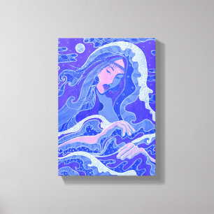 Wave, Mermaid, Fantasy Art Asian Girl, Blue & Pink Leinwanddruck