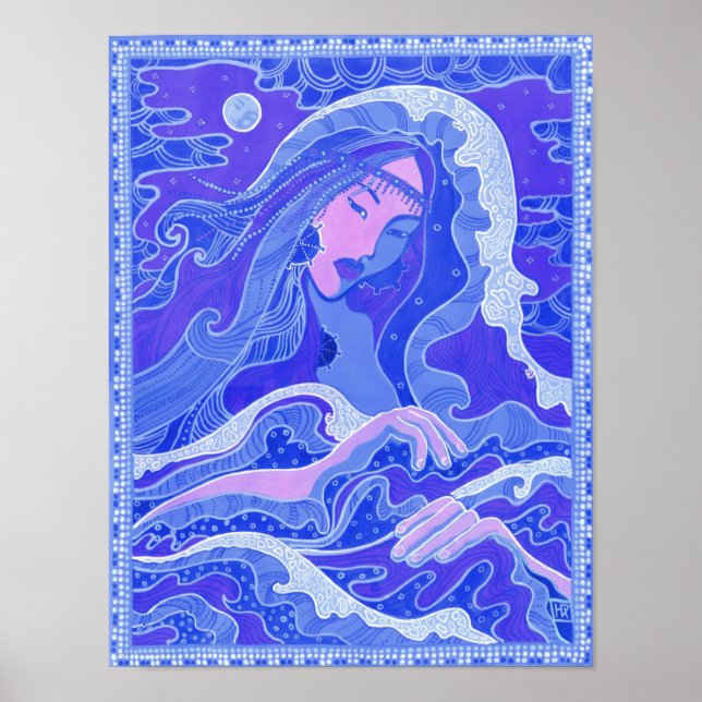 Wave, Mermaid, Fantasy Art Asian Girl, Blue & Pink Poster (Vorne)
