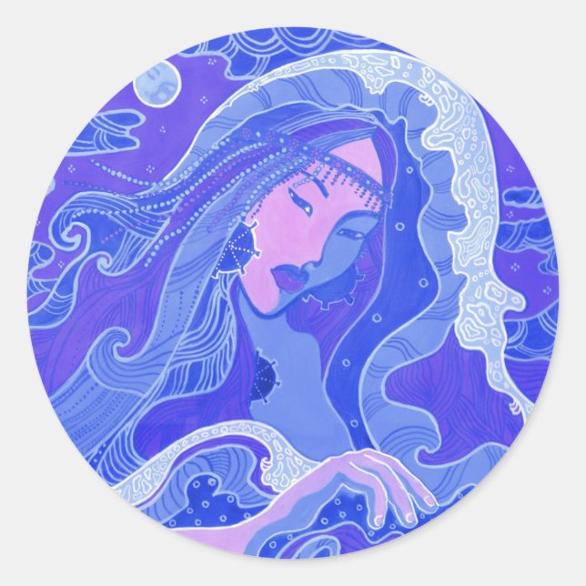 Wave, Mermaid, Fantasy Art Asian Girl, Blue & Pink Runder Aufkleber (Vorderseite)