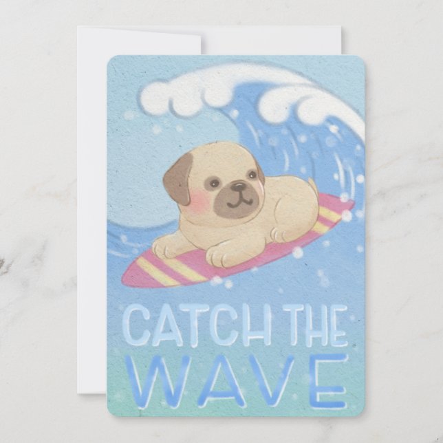 Wave: Mops Surfer Illustration Dankeskarte (Vorderseite)