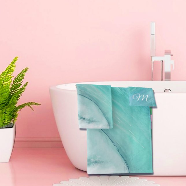 Wave Ocean Aqua Beach Blue Moderne Szene Badhandtuch Set (Von Creator hochgeladen)