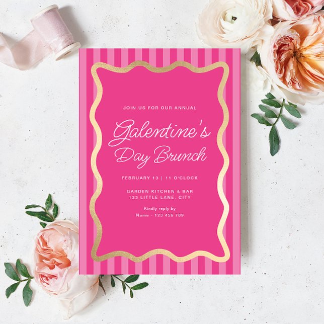 Wave Pink Hot Pink Stripe Galentine's Day Brunch Einladung (Galentines Brunch Invitation Hot Pink Stripe)
