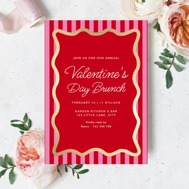 Wave Red Pink Stripe Valentinstag Brunch Einladung (Valentines Brunch Invitation Hot Pink Red Stripe)