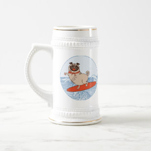 Wave reitet Hund auf Surfbrett mit Happy Mops Bierglas