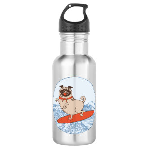 Wave reitet Hund auf Surfbrett mit Happy Mops Edelstahlflasche