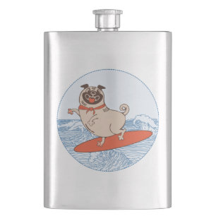 Wave reitet Hund auf Surfbrett mit Happy Mops Flachmann