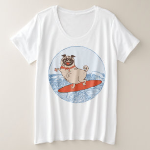 Wave reitet Hund auf Surfbrett mit Happy Mops Große Größe T-Shirt