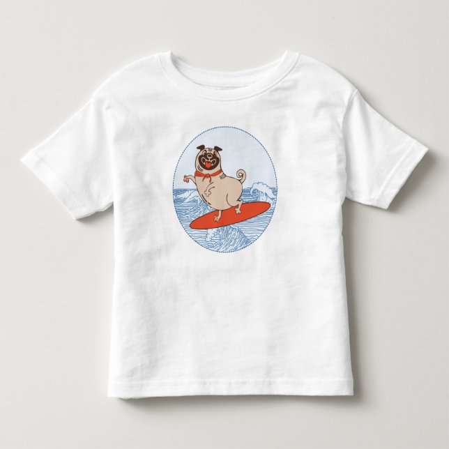 Wave reitet Hund auf Surfbrett mit Happy Mops Kleinkind T-shirt (Vorderseite)