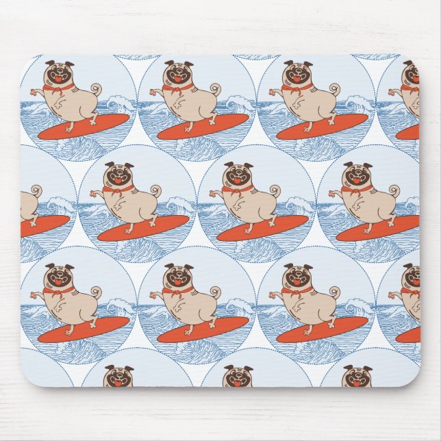 Wave reitet Hund auf Surfbrett mit Happy Mops  Mousepad (Vorne)