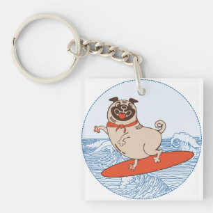Wave reitet Hund auf Surfbrett mit Happy Mops Schlüsselanhänger