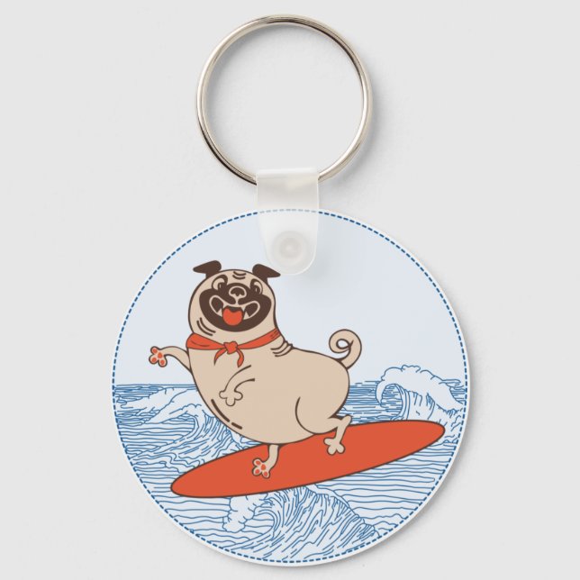 Wave reitet Hund auf Surfbrett mit Happy Mops Schlüsselanhänger (Vorderseite)