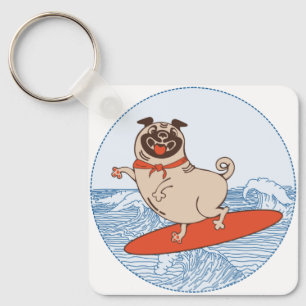 Wave reitet Hund auf Surfbrett mit Happy Mops Schlüsselanhänger