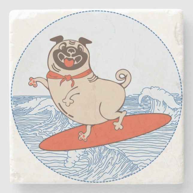 Wave reitet Hund auf Surfbrett mit Happy Mops Steinuntersetzer (Vorderseite)