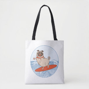 Wave reitet Hund auf Surfbrett mit Happy Mops Tasche