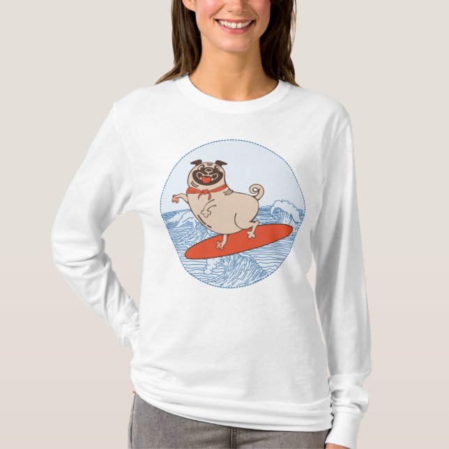 Wave reitet Hund auf Surfbrett T - Shirt mit Happy (Vorderseite)
