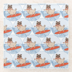 Wave riding happy pug dog on surfboard  scarf band glasuntersetzer