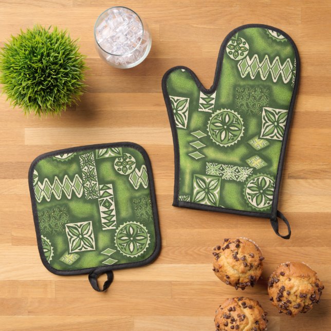 Wave Warrior Hawaiian Primitive Tapa Green Ofenhandschuh & Topflappen-Set (Oben Unten)