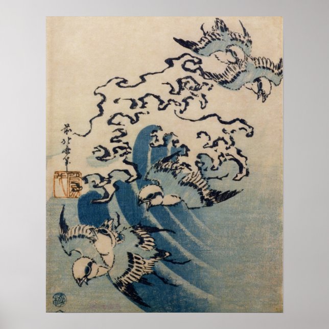 Waves and Birds, c.1825 (Farbe Holzblock) Poster (Vorne)