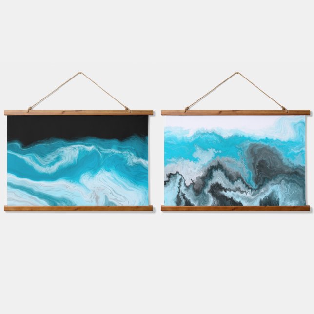 Waves aus blau-weißem Marmor Wandteppich Mit Holzrahmen (Doppelt)