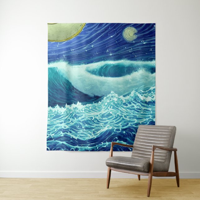 Waves Blue Ocean Night Wandteppich (Beispiel)