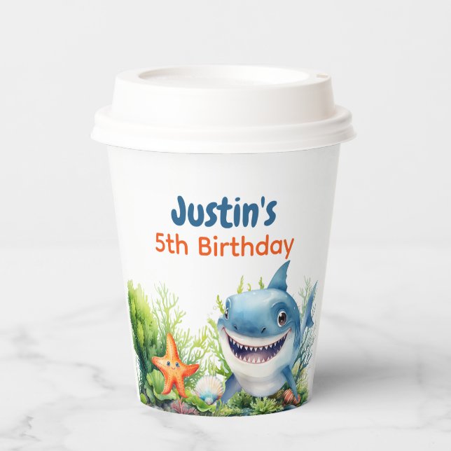 Waves Happy Shark Under Sea Birthday Pappbecher (Vorderseite)
