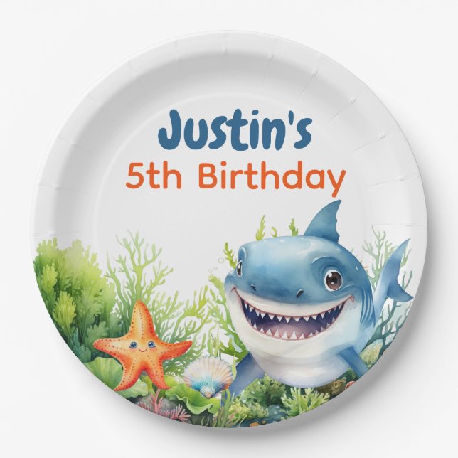 Waves Happy Shark Under Sea Birthday Pappteller (Vorderseite)