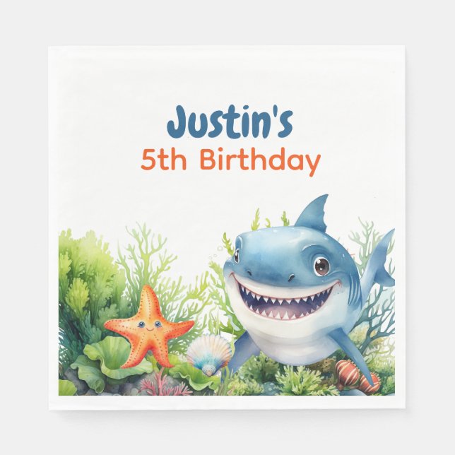 Waves Happy Shark Under Sea Birthday Serviette (Vorderseite)