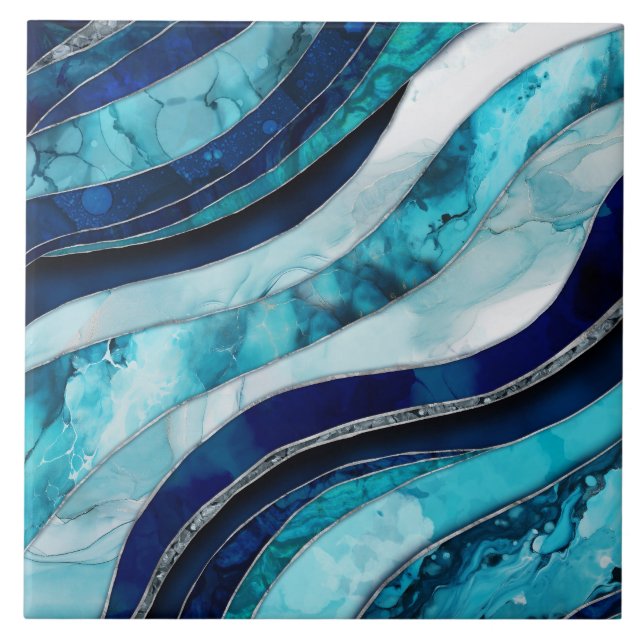 Waves - Mixed Media Blue Abstrakt Fliese (Vorderseite)