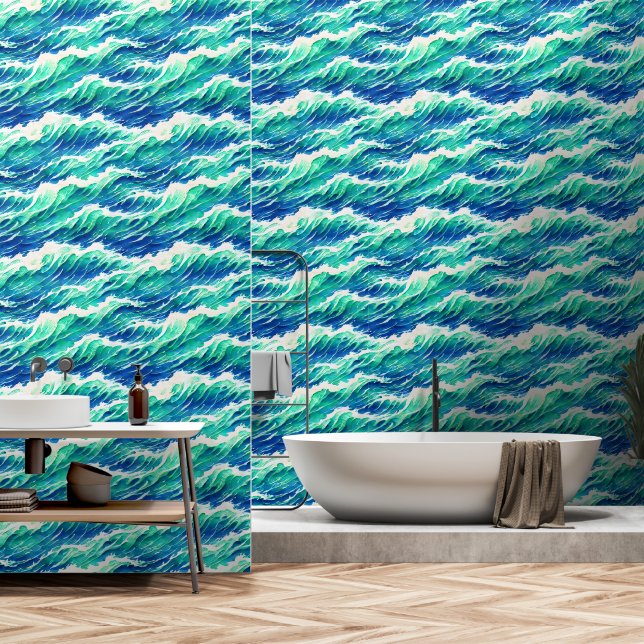 Waves nahtloses Muster, schicke Küsten Tapete (Badezimmer)