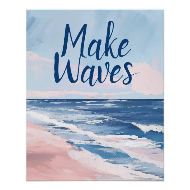 Waves Pink Blue Coastal Beach Gouache Poster (Vorderseite)