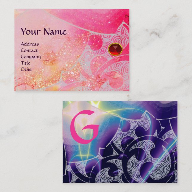 WAVES RED RUBY MONOGRAM Abstrakt Pink Blue Visitenkarte (Vorne/Hinten)