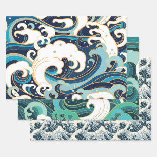 Waves Series Wrapping Paper Flat Sheet Set 3 Geschenkpapier Set