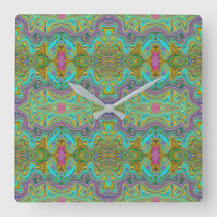 Wavy Aqua Blue und Orange Trippy Muster Quadratische Wanduhr