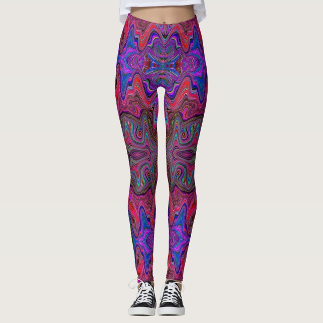 Wavy Blue und Rainbow Red Trippy Muster Leggings (Vorderseite)