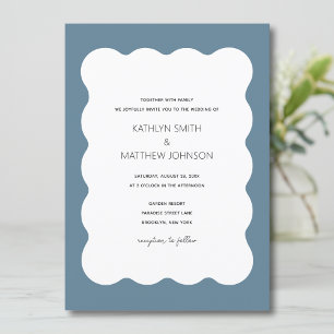 Wavy Border Modern Retro Dusty Blue Wedding Einladung