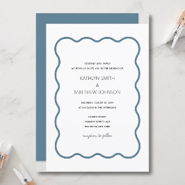 Wavy Border Modern Retro Dusty Blue Wedding Einladung