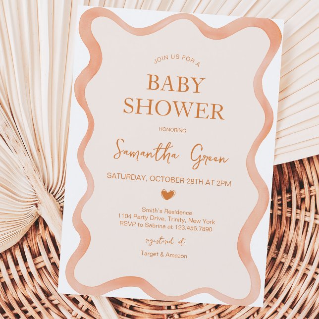 Wavy Border Rustic Orange Baby Dusche Einladung (Von Creator hochgeladen)