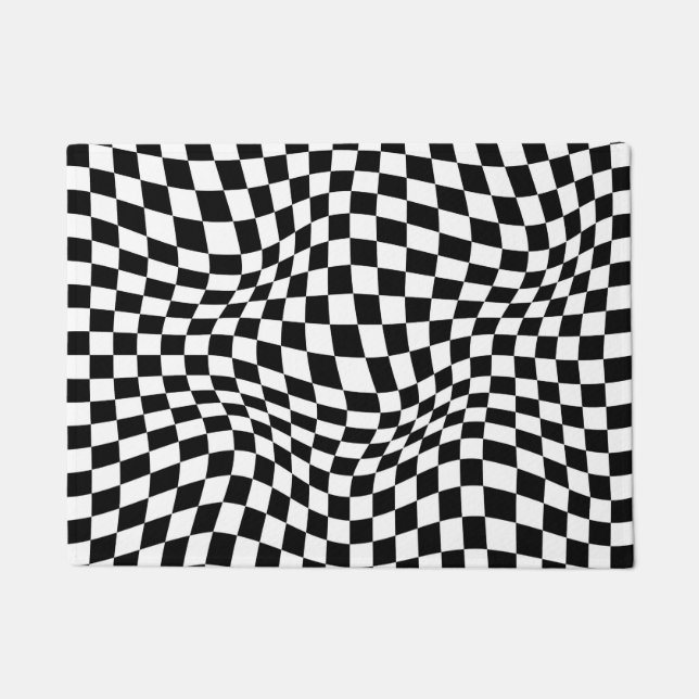 Wavy Checked Schwarz-weiß Checkerboard Fußmatte (Vorderseite)
