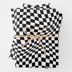 Wavy Checked Schwarz-weiß Checkerboard Geschenkpapier Set