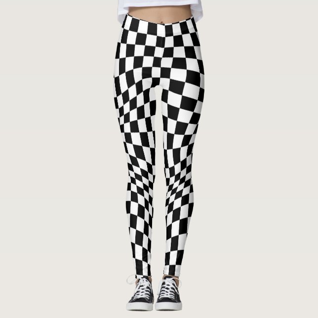 Wavy Checked Schwarz-weiß Checkerboard Leggings (Vorderseite)