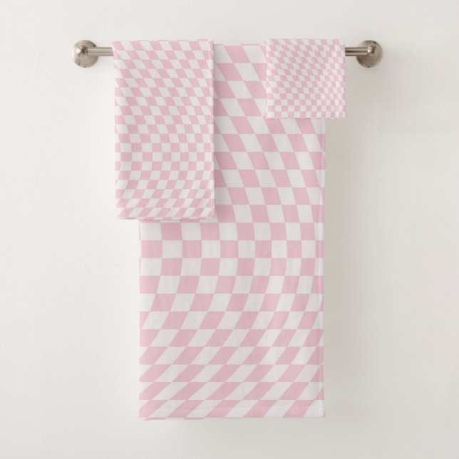 Wavy Checkered Pastell Pink Checkerboard Muster Badhandtuch Set (Insitu)