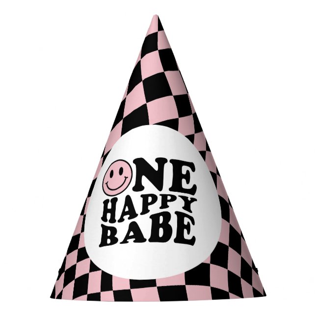 Wavy Checkered Pink Preppy Lächeln Ein Happy Babe Partyhütchen (Vorderseite)