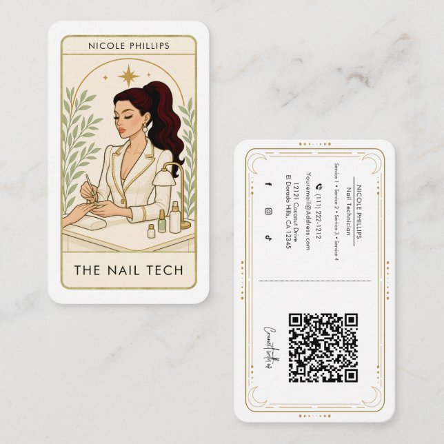 Wavy Dark Brünett Hair Nail Tech Social Media QR Visitenkarte (Vorne/Hinten)