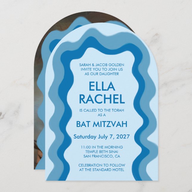 Wavy Frame Arch Modern Custom Foto BarBat Mitzvah Einladung (Vorne/Hinten)