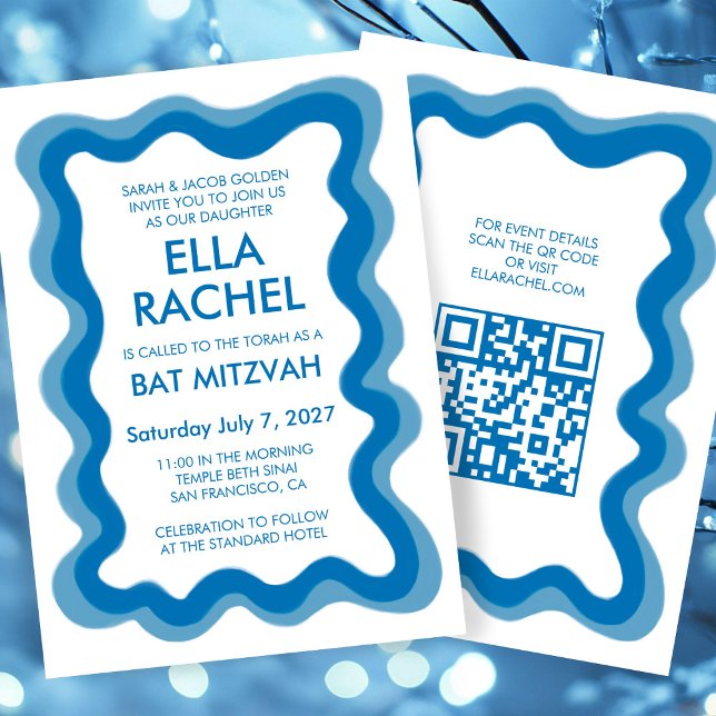Wavy Frame Modern Custom QR CODE Bar Bat Mitzvah Einladung (Wavy Frame Modern Custom QR CODE Bar Bat Mitzvah Invitation
)