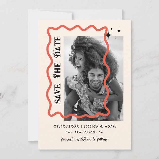 Wavy Frame Retro Wedding Foto Save the Date Einladung (Vorderseite)