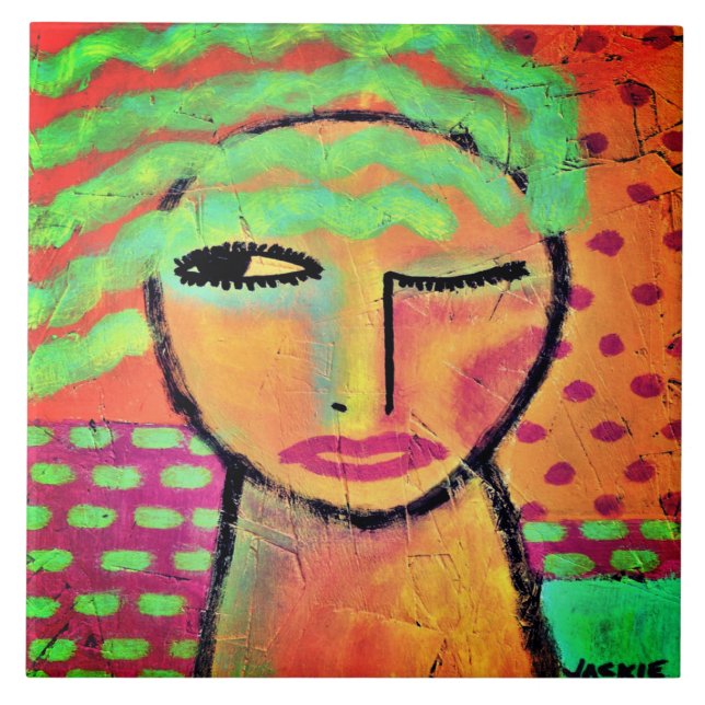 Wavy Green Hair Abstraktes Portrait einer Frau Fliese (Vorderseite)